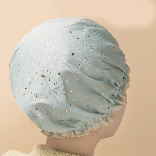 3 Pack The light green of the starry sky Double Layer Shower Cap for Women Waterproof Bath Hair Cover Reusable Elastic Hat for Spa Salon and Home Use