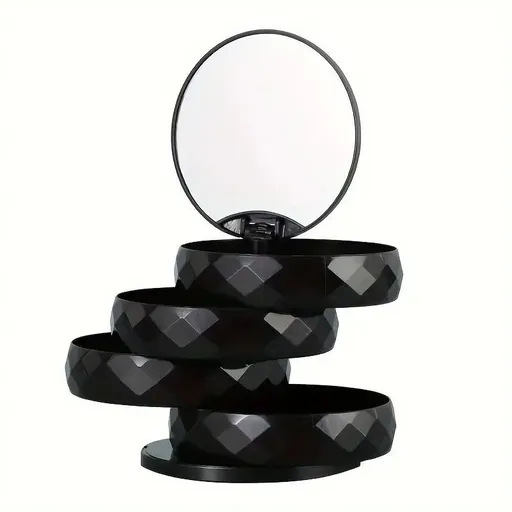 2-Pack 4-Tier Rotating Jewelry Organizer Box with Adjustable Mirror & Diamond Cut Design – Compact 360° Swivel Earring Stud Necklace Storage Box for Vanity Countertop, 10 x 10cm, Black