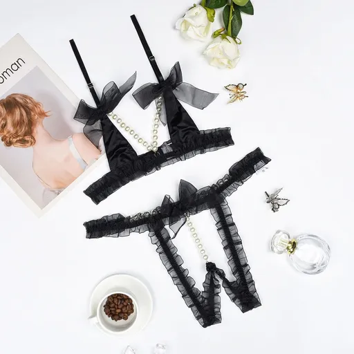 House Of Dasein Lace Patchwork Pearl Chain Lingerie Set - Black - M