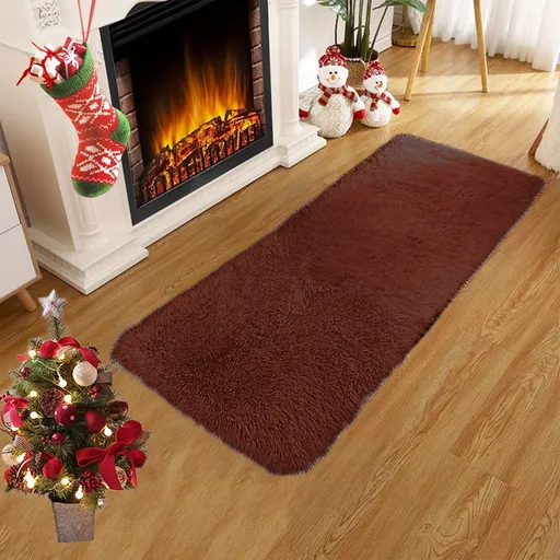 Fluffy Area Rug, Non Slip Shag Plush Runner Mat for Living Room Bedroom Hallway Kids Room and Dorm, Soft Indoor Carpet, Brown, 40 x 80 cm