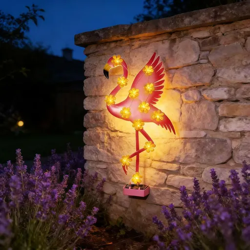 2Pack Metal Flamingo Outdoor Wall Decor, Solar Ambient Landscape Lights with Flower LED Auto On/Off, Flamingos Wall Decoration Light for Villa Garden Courtyard Decor - Pink