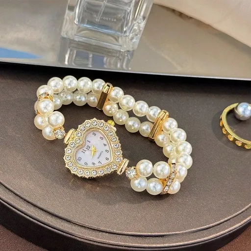 1pc Women s Alloy Bracelet Watch Fashionable Heart Shaped Case Arabic Numeral Dial Elastic Pearl Strap Daily Decoration Ideal Valentine s Day Gift