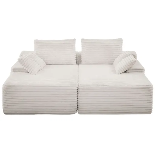 210 cm Oversized Double Chaise Lounge, Corduroy Fabric Sectional Sofa, Cozy Deep Seat Loveseat Sofa with Soft Cushions and Throw Pillows for Living Room Bedroom, No Assembly Required, Beige