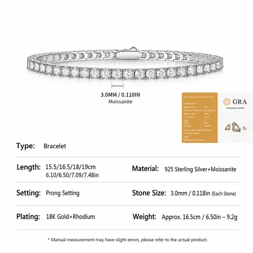 Elegant Moissanite Tennis Bracelet in 925 Sterling Silver with 18K Gold and Rhodium Plating, Featuring Certified Sparkling Stones for Daily Wear and Formal Occasions, Available in Multiple Lengths and Stone Sizes (3.0mm, 18cm（7.09in）)