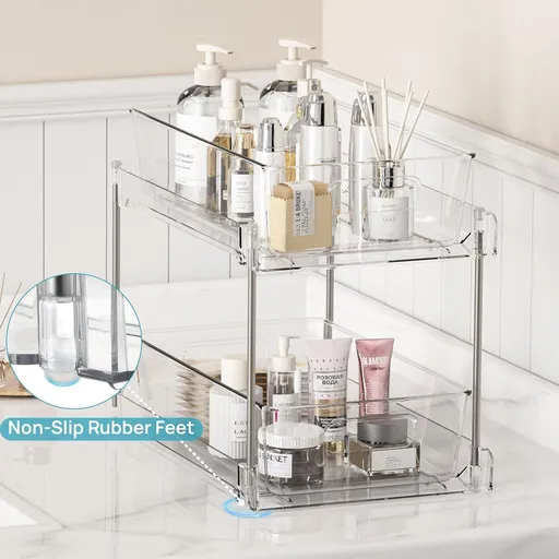 2 Pack Bathroom Organizer, 2 Tier Clear Under Sink Organizers Vanity Countertop Storage Container,Cabinet Drawers Bins, Pull-Out Organization with Track for Pantry, Kitchen
