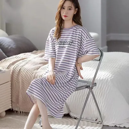 Women Summer Sleepwear Polyester Loose Dress Blue XL