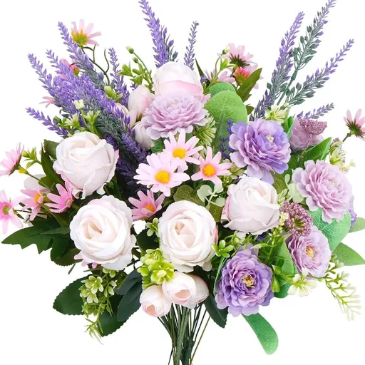 Spring Flowers Artificial Silk Flowers Bouquet Purple Fake Floral Arrangements with Rose Peony Daisy for Home Wedding Baby Shower Bridal Bouquet Table Centerpieces Party Decorations