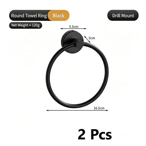 Round Towel Ring - Drill Mount (Black) 2 Pcs | Heavy Duty Towel Holder 2 Pack, Christmas Durable Bath Hardware Set for Long Use
