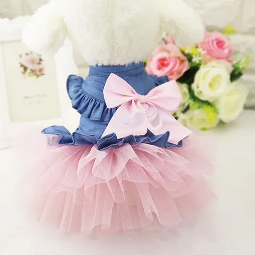 Dog Cat Vest Skirt Striped Mesh Summer Korean Denim Skirt with Pink Yarn XS (bust 30CM recommended weight 1.00 kg-1.50 kg