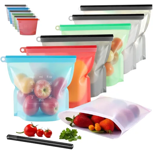 Reusable Silicone Food Storage Bags – Leakproof, Freezer-Safe, Microwave-Friendly Meal Prep Bags with Airtight Seal, Measurement Marks, and Hanging Loops for Fresh Produce, Snacks, and On-the-Go Portions (Blue, 1500ml)