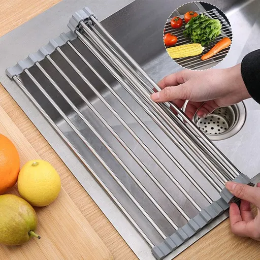 Roll Up Stainless Steel Sink Drying Rack, 47×35cm Multi-purpose Kitchen Sink Drain Mat with Non-slip TPE Edge for Fruits, Dishes