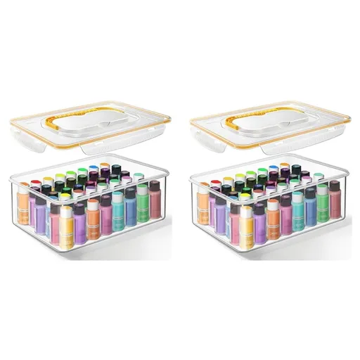 2X Acrylic Paint Storage Box for 2 Fl. Oz Acrylic Paints, 48 Bottles Capacity, Brushes Craft Organizer with Handle