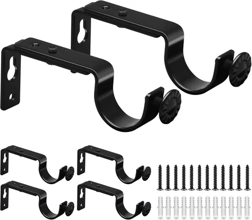 Adjustable Curtain Rod Bracket - 1 Inch Black Heavy Duty Hooks 6 Pack Hardware Extender Drapery Pole Holder for Wall