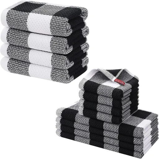 Homaxy 100% Cotton Waffle Weave Check Plaid Kitchen Towels, 13 x 28 Inches, 4-Pack, White & Black and Kitchen Towels and Dishcloths Set, 12 x 12 and 13 x 28 Inches, White & Black