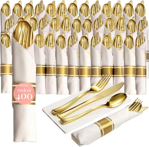 400 Pieces Gold Silverware Set for 100 Guests - Premium Pre Rolled Disposable Plastic Silverware Set with Napkins - Wrapped Utensils with Forks, Knives, Spoons, Napkins for Weddings and Events