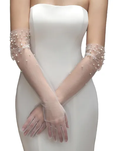 Long Pearl Wedding Gloves Tulle Bridal Gloves Sheer Long Bridal Sleeves Opera Prom Party Costumes for Women