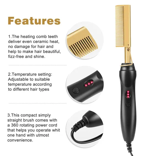 Hot Comb Hair Straightener, Electric Heating Comb, Portable Travel Anti-Scald Beard Straightener Press Comb, Ceramic Comb Security