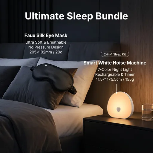 Nighttime Anxiety Relief & Relaxation Set - Black Imitation Silk Sleep Eye Mask and Smart White Noise Night Light for Soothing Sleep, Nursing, and Stress Reduction