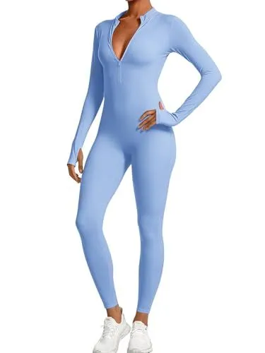 Long-Sleeve Zip-Up Bodysuit for Yoga, Workout, Casual Wear & Everyday Styling, S (Azure)