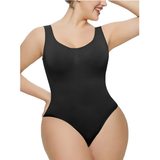 Scoop Neck Wide Strap Shaping Bodysuit - Black - M