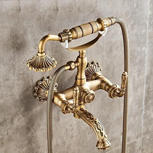 Clawfoot Bathtub Faucet with Handheld Shower – 2-Function Wall-Mounted Tub Faucet Set, Dual Cross Handles, Brass Hot & Cold Vintage Shower Faucet Set for Bathroom Sink - Bronze - Size B