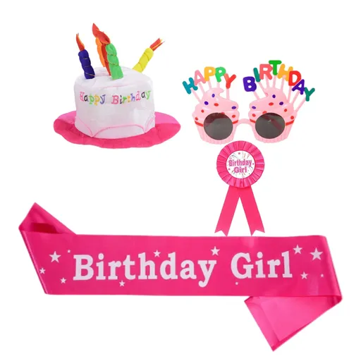 4-piece Pink Plush Birthday Cake Hat Set - Novelty Party Accessory with Matching Glasses and Medals and Shoulder Straps, Fun Photo Prop