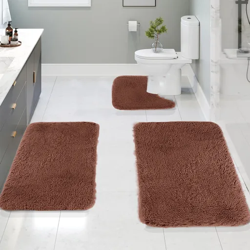 Solid Color Bathroom Rugs Sets, 3 Piece Ultra Soft Non-Slip Bath Rugs and Mats Set, Super Absorbent Soft Washable Bathroom Carpets, Plush Bathroom Mats, Toilet Rug Set of 3 Yellow 1