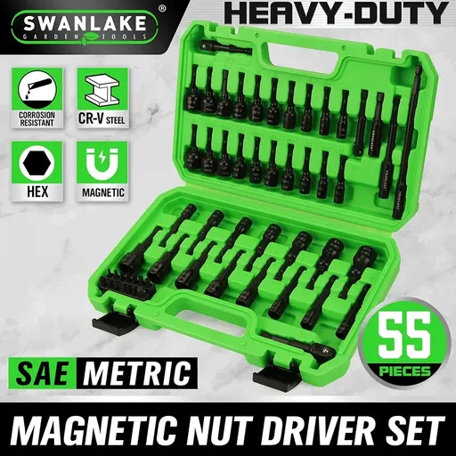 SWANLAKE 55Pc Magnetic Nut Driver Set Metric SAE 1/4" Hex Shank Socket Adapter