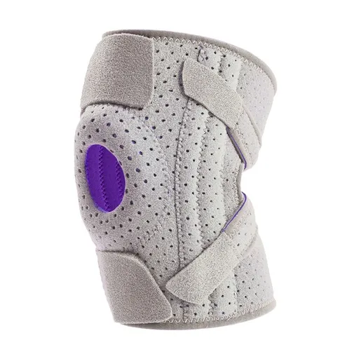 Grey and Purple Breathable Sports Knee Brace 1 Pair - Adjustable Open Patella Support with 4 Spring Stabilisers, Compression Straps, Moisture-wicking Lining and Non Slip Design for Running Gym Cycling