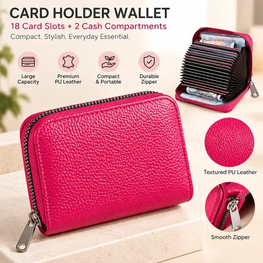 Litchi Grain Rose Red Accordion Card Holder Wallet (18 Card Slots & 2 Coin Pockets) - Compact Multifunctional PU Card Organiser with Oxford Cloth Lining for Cards, Licence and Coins