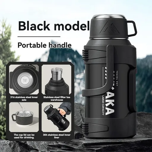 316 Stainless Steel Thermos Large Capacity Thermos Portable Thermos Flask - Black - Size 3000ml