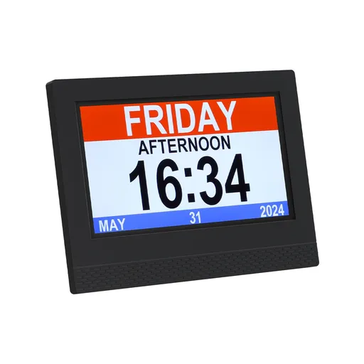 Digital Day Clock 7 Inch LCD Display Black Auto Dimming 21 Alarms 4 Layout Options Video Music Playback Digital Photo Frame