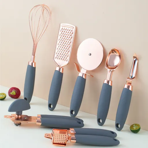 Grey And Rose Gold 7-Piece Kitchen Gadget Set - Stainless Steel Utensils with Comfort Grip Handles