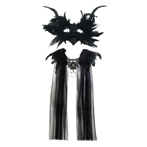 New Halloween Gothic Style Feather Lace Decorative Cape + Black Demon Horn Mask COSPLAY Costume Set