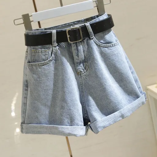 High Waist Cotton Denim Shorts Wide Leg White Light blue