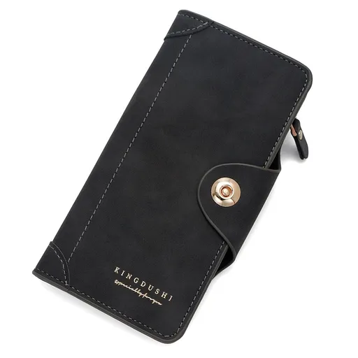 Women's PU Leather Long Wallet with Zipper and Button Closure, Multi-Compartment Clutch Purse, Black