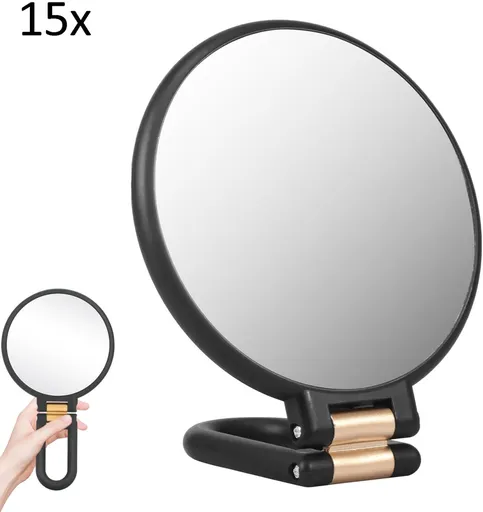 15X Magnifying Mirror - 24*14 cm - Hand Mirror with Folding Handle - Travel Magnifying Mirror with Handle - Double-Sided Magnifying Mirror - with 15x/1x Magnification - Portable Makeup Mirror - Multifunctional Hand Mirror - Black