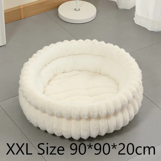 Large Removable Faux Rabbit Fur Round Pet Bed, Thick Cushion Moisture-Proof All Season Pet Rest Bed, Cream White, Size 2XL, 35.43x35.43x7.87in