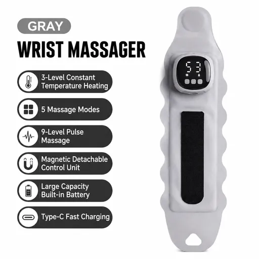 2PCS Portable EMS Wrist Massager - 3 in 1 Heating Pulse Sports Hand Wrap with 3 Heat Therapy, 9 Massage Intensities, 5 Massage Modes and Removable LCD Control, XY-08 Gray