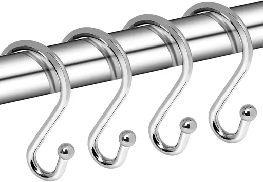 Metal Shower Curtain Hooks, Set of 12, Rt Proof Shower Curtain Hooks Rings, Durable S Shaped Hooks Hangers for Shower Curtains, Kitchen Utensils, Clothes, Towels (Chrome)