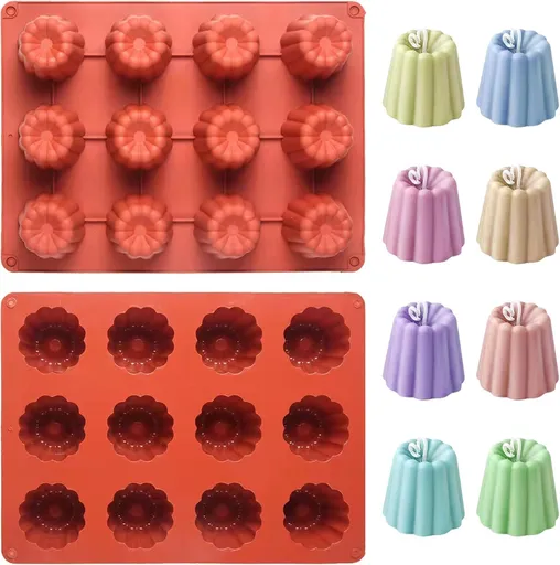 Canele Molds Canele Mold Silicone,12-Cavity Non-Stick Canele Mold Baking Cake Pan for Bread Muffin Candle Ice Cream Jelly Pudding Soap Making, Red