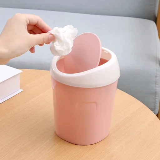 Mini Desk Bin with Swing Lid, Compact Plastic Rubbish Bin for Offices, Bathrooms, Cars, Vanities and Tabletop Waste, Pink