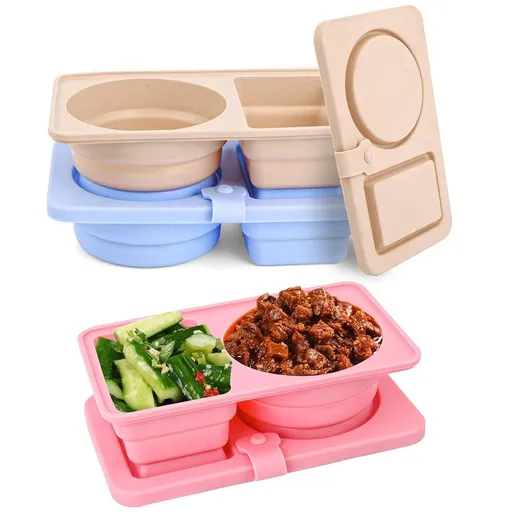 3PCS Reusable Silicone Snack Container with Lid Dual Compartment Food Box for Salad