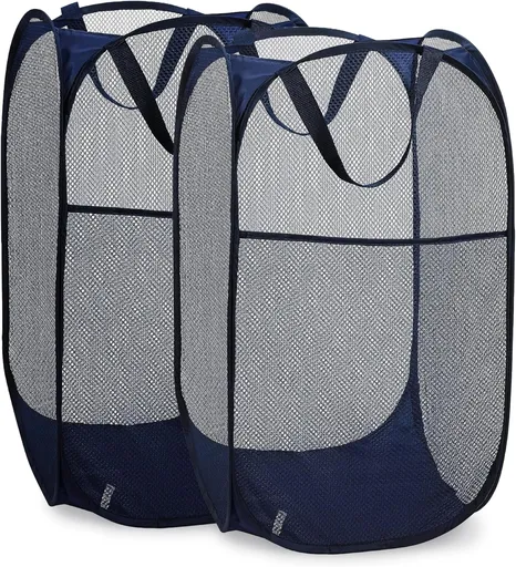 Collapsible Mesh Pop Up Laundry Hamper 2-Pack – Large Foldable Laundry Basket with Side Pocket, Breathable & Durable, Space-Saving for Clothes, Toys, Travel, Dorm, Bedroom, Blue