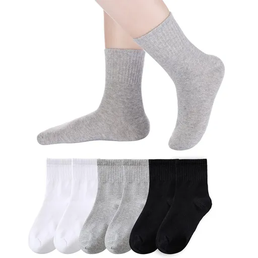Kids Athletic Crew Socks Boys Girls Cotton School Uniform Casual Basic Socks 6 Pairs 9 - 12 Years Black+ White + Grey