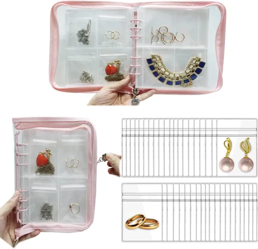 Bracelet Holder Travel Jewelry Organizer Case Transparent Jewelry Storage Book for Earring Necklace Ring with Small Clear Zippered Pouch（Pink 3-inch 4-grid+80 jewelry bags）