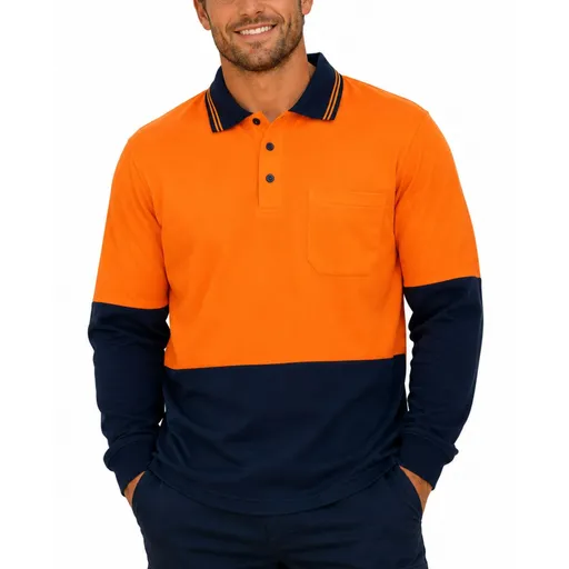 Hi Vis Long Sleeve Polo Shirt Safety Workwear Fluro Breathable UPF 50+ - Orange