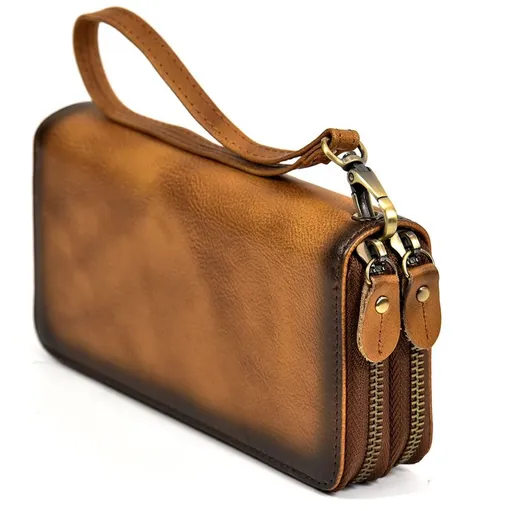 Vegetable Tanned Distressed Top Grain Leather Double Zip Long Wallet, Vintage Genuine Leather Clutch, Large Capacity Bi-Fold Men's Wallet with Leather Wrist Strap(Rub brown yellow)