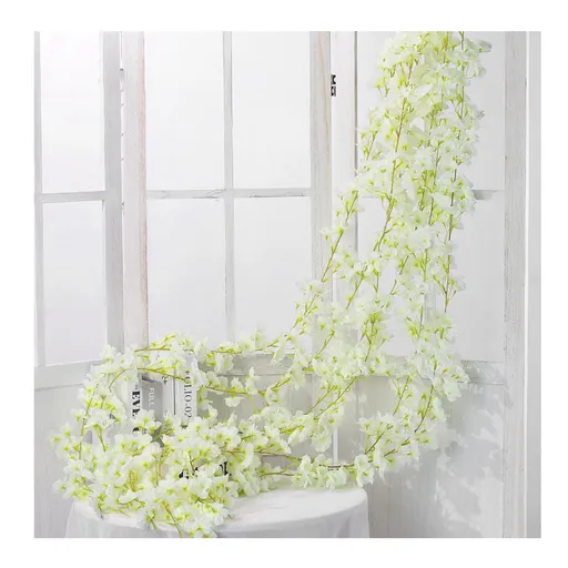 Artificial Flower Rattan Single 1.8m 135pcs Flowers Head Vivid Decorative Silk Plastic Hanging Fake Rattan for Decoration White