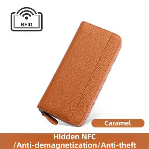 Caramel Genuine Leather Women's Long Wallet with RFID Blocking & Hidden NFC - Large Capacity Phone Purse with 180° Zipper Closure, 18 Card Slots, Coin/Cash Pockets and for Daily Travel Use